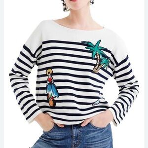 J.Crew Striped Navy and White Cotton Appliqué Sweater with Cabana Patches, M